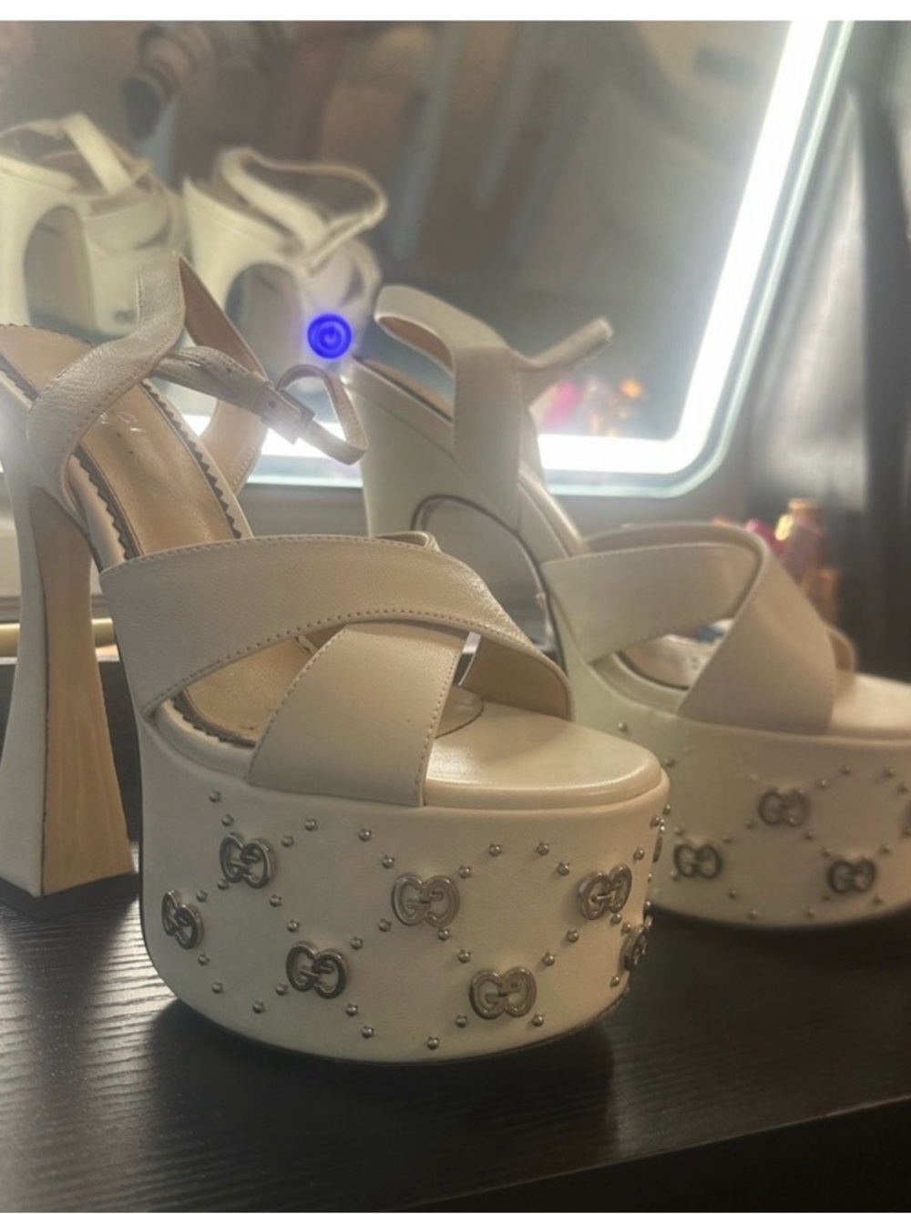 Platform High Heel Sandals in Cream with Stud Detail